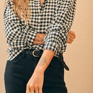 Faherty Olli Organic Cotton Top Blouse Black white gingham Sz L Cottage Prairie
